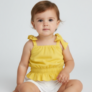 Blusa Cropped Animê Amarelo Alças de Laço e Lastex (Tam 2)