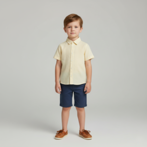 Camisa Infantil Manga Curta Amarelo Pastel em Linho Misto (Tam 4 Anos)