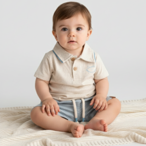 Conjunto Bebê Camisa Polo e Short Listrado Divertto Bege/Azul (Tam P / 3-6 Meses)