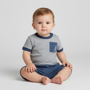 Conjunto Bebê Camiseta Listrada Barco e Bermuda Divertto (Tam P / 0-3 Meses)
