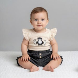 Conjunto Bebê RN Body Pinguins e Short Babado Nini & Bambini (Off White/Grafite)