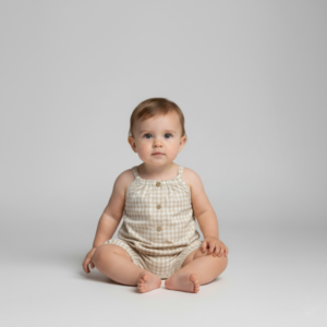 Macaquinho Infantil Alças Quadriculado Nini & Bambini Bege (Banho de Sol)